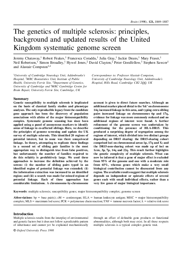 (PDF) The genetics of multiple sclerosis: principles, background and ...