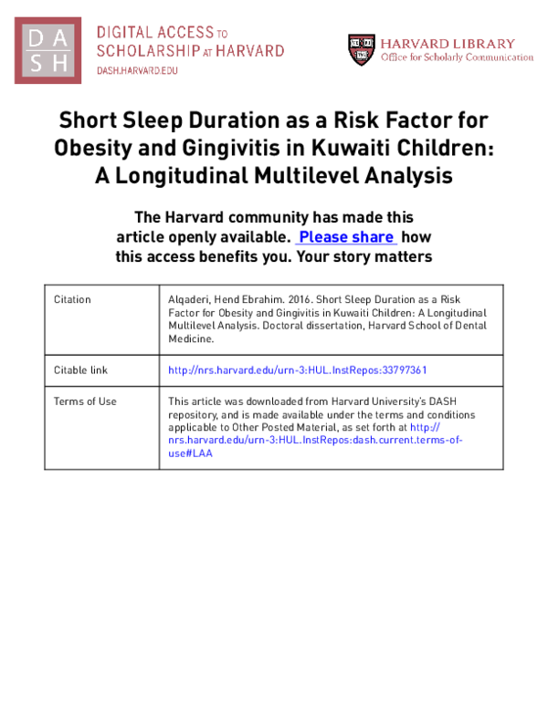 (PDF) Short Sleep Duration as a Risk Factor for Obesity and Gingivitis ...