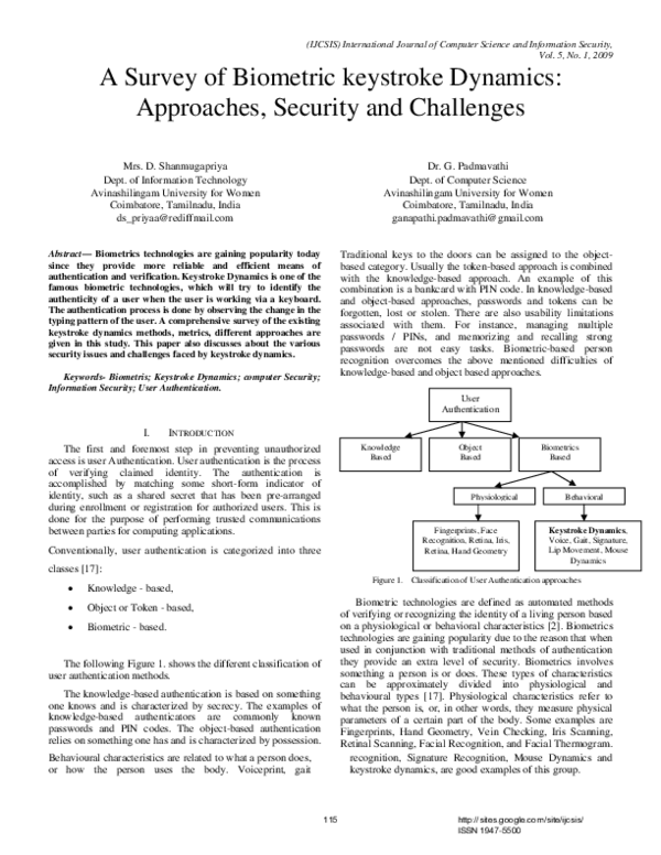(PDF) A survey of biometric keystroke dynamics Approaches, security
