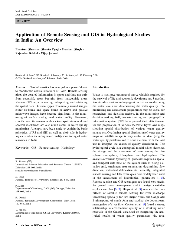 (PDF) Application of Remote Sensing and GIS in Hydrological Studies in ...