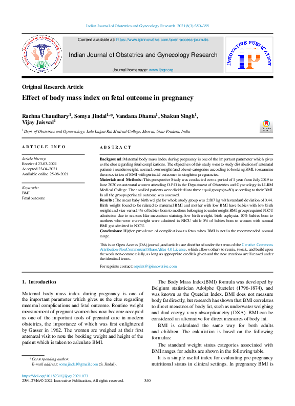 (PDF) Effect of body mass index on fetal outcome in pregnancy