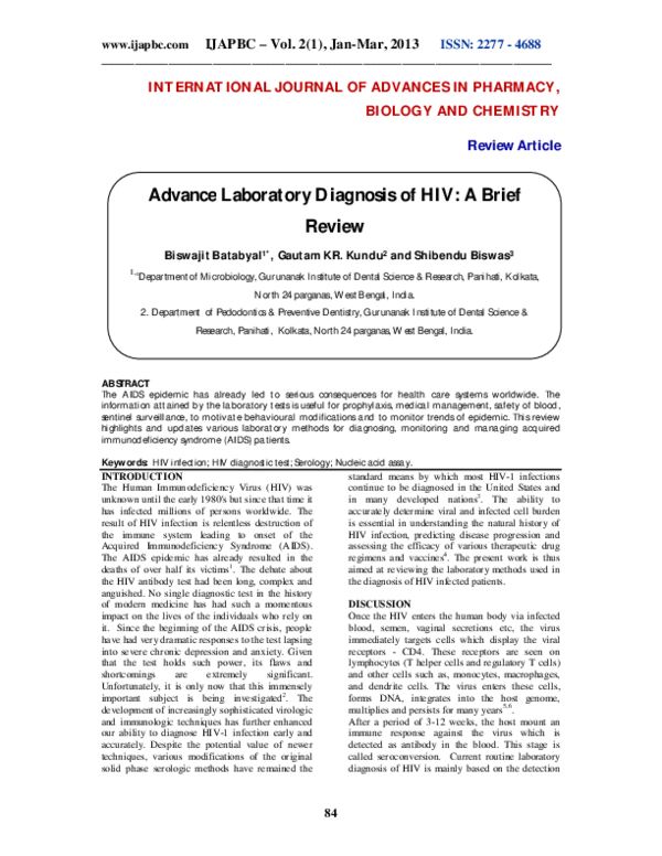 (PDF) Laboratory Diagnosis of HIV : A Brief Review