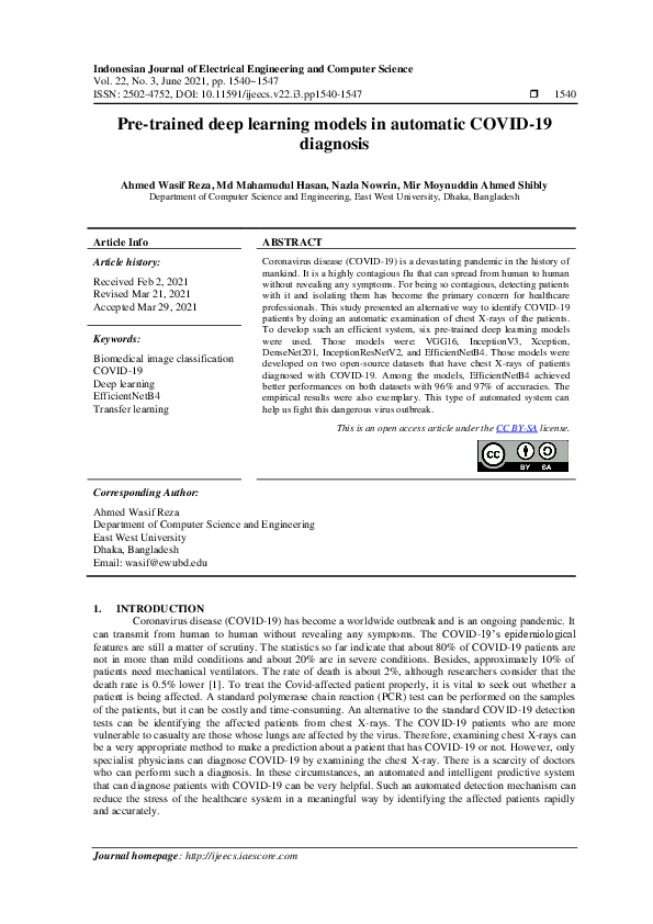 (PDF) Pre-trained deep learning models in automatic COVID-19 diagnosis