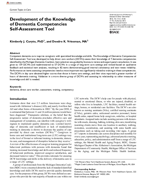 (PDF) Development of the Knowledge of Dementia Competencies Self ...