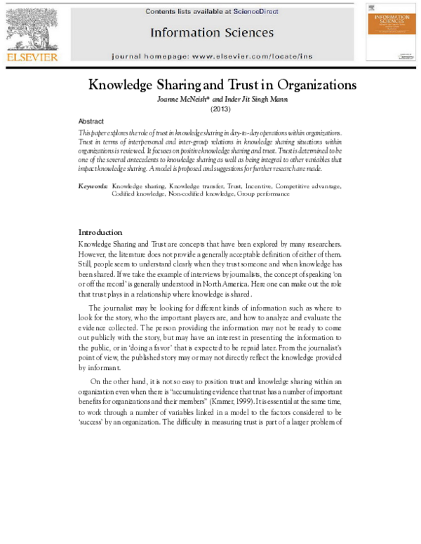 (PDF) Knowledge sharing and trust in organizations