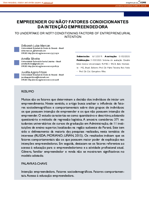 (PDF) Empreender Ou Não? Fatores Condicionantes Da Intenção Empreendedora