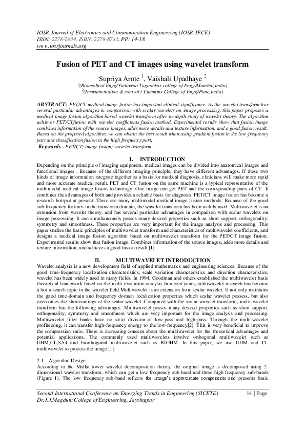 (PDF) Fusion of PET and CT images using wavelet transform