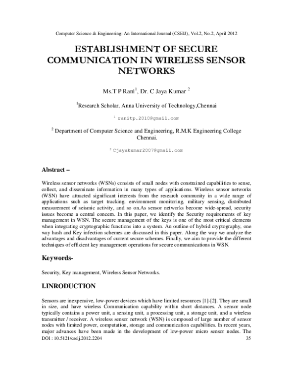 (PDF) Establishment of Secure Communication in Wireless Sensor Networks