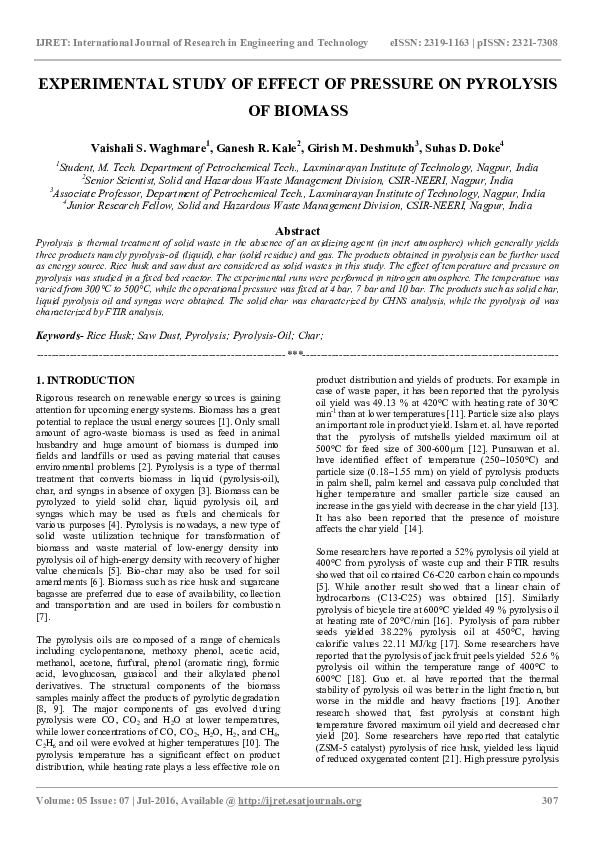 (PDF) Experimental Study of Effect of Pressure on Pyrolysis of Biomass