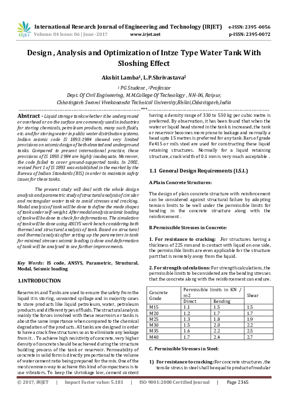 (PDF) Design , Analysis and Optimization of Intze Type Water Tank With