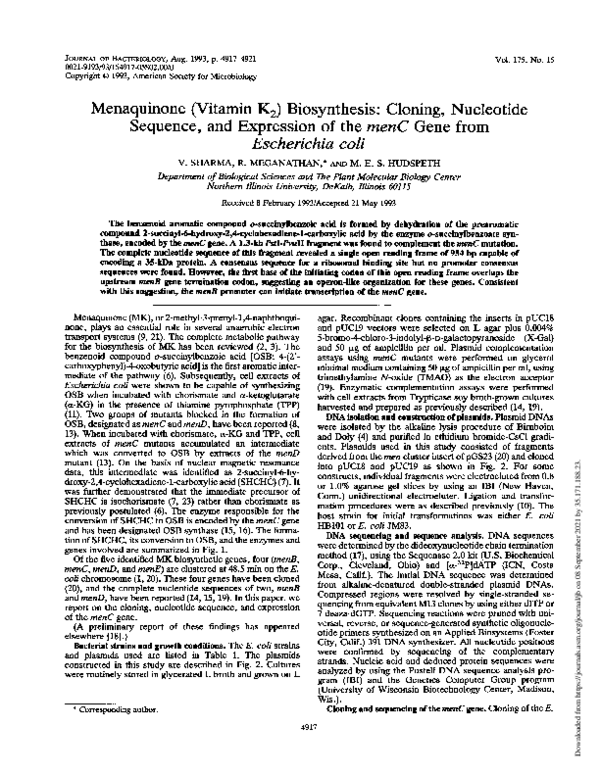 (PDF) Menaquinone (vitamin K2) biosynthesis: cloning, nucleotide ...