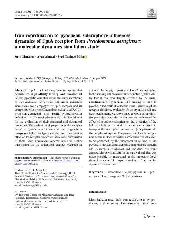 (PDF) Iron coordination to pyochelin siderophore influences dynamics of ...