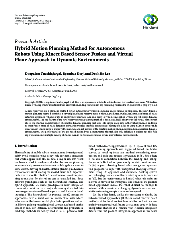 (PDF) Hybrid Motion Planning Method for Autonomous Robots Using Kinect ...