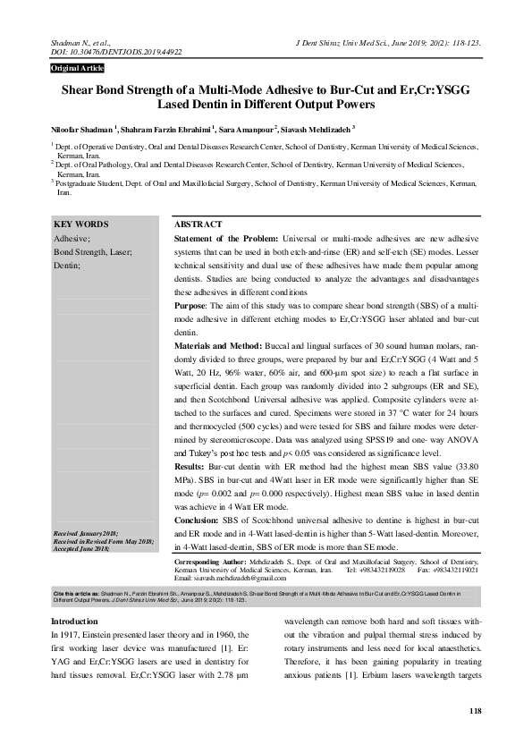(PDF) Shear Bond Strength of a Multi-Mode Adhesive to Bur-Cut and Er,Cr ...
