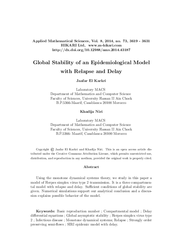 (PDF) Global stability of an epidemiological model with relapse and delay