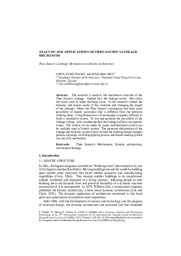 Pdf Analysis And Applications Of Theo Jansen S Linkage Mechanism