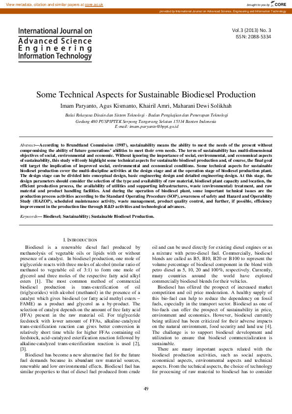(PDF) Some Technical Aspects for Sustainable Biodiesel Production