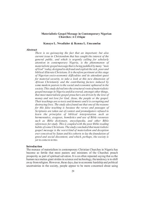 (PDF) Materialistic Gospel Message in Contemporary Nigerian Churches: A ...