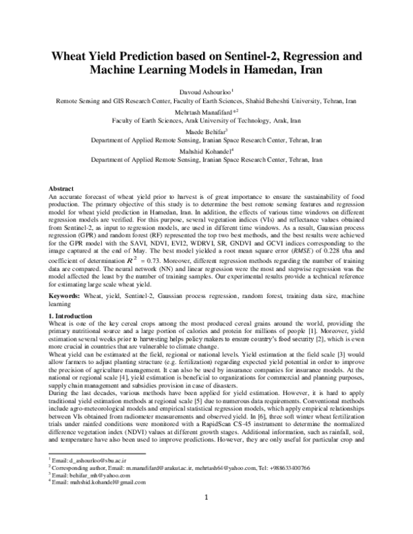 (PDF) Wheat Yield Prediction based on Sentinel-2, Regression and ...