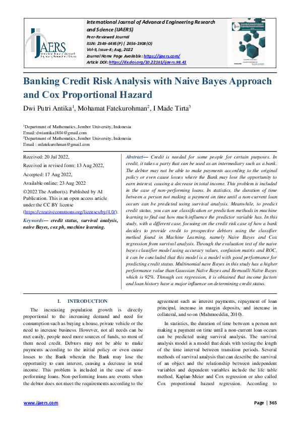 (PDF) Banking Credit Risk Analysis with Naive Bayes Approach and Cox ...