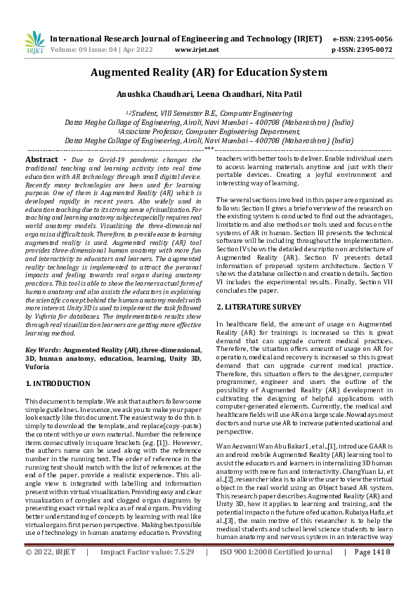(PDF) Augmented Reality (AR) for Education System