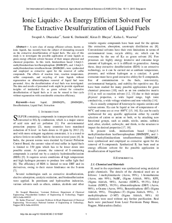 (PDF) Ionic Liquids:- As Energy Efficient Solvent For The Extractive ...