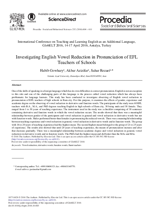(PDF) Investigating English Vowel Reduction in Pronunciation of EFL ...