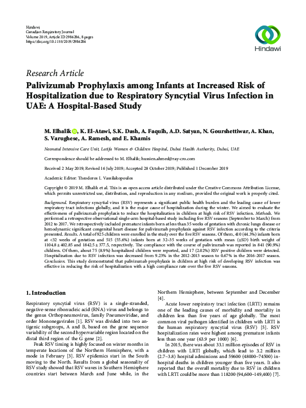 (PDF) Palivizumab Prophylaxis among Infants at Increased Risk of ...
