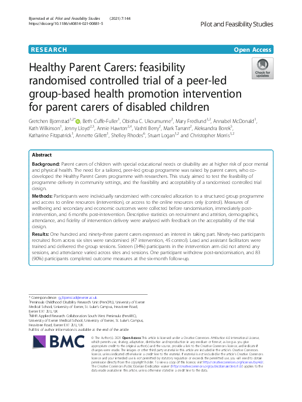 (PDF) Healthy Parent Carers: feasibility randomised controlled trial of ...