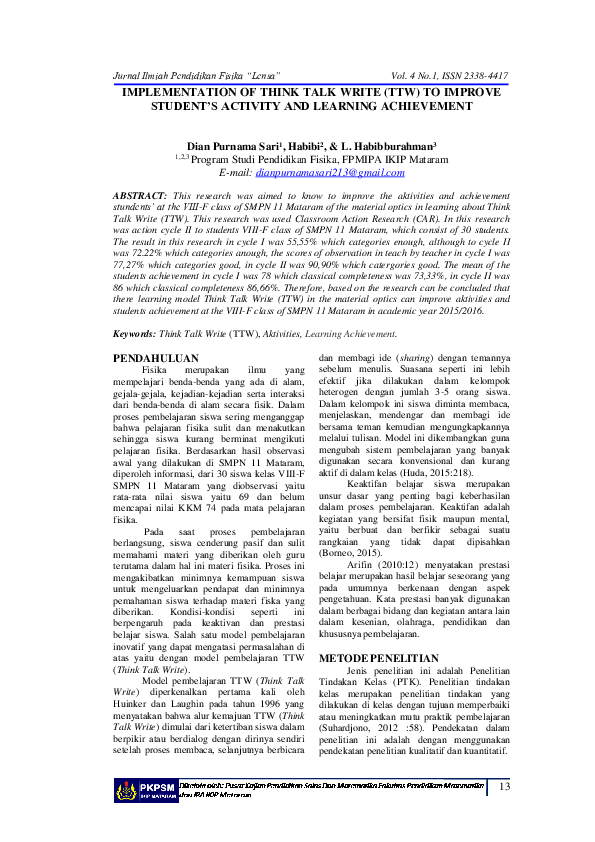 (PDF) Implementation of Think Talk Write (TTW) to Improve Student’s ...
