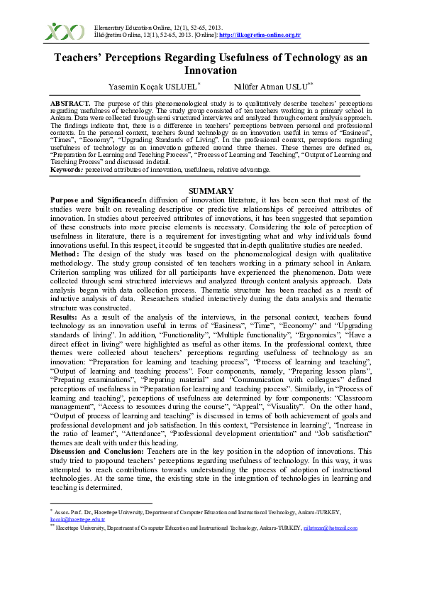 (PDF) Teachers' Perceptions Regarding Usefulness of Technology as an ...