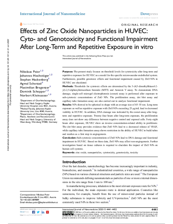 (PDF) Effects of Zinc Oxide Nanoparticles in HUVEC: Cyto- and ...