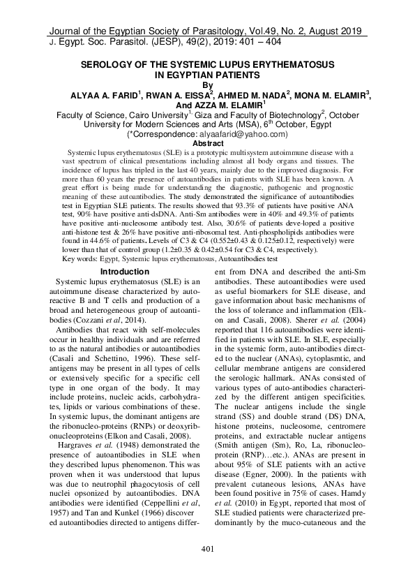 (PDF) Serology of the Systemic Lupus Erythematosus in Egyptian Patients