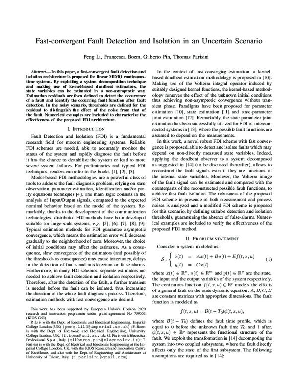 (PDF) Fast-Convergent Fault Detection and Isolation in an Uncertain ...
