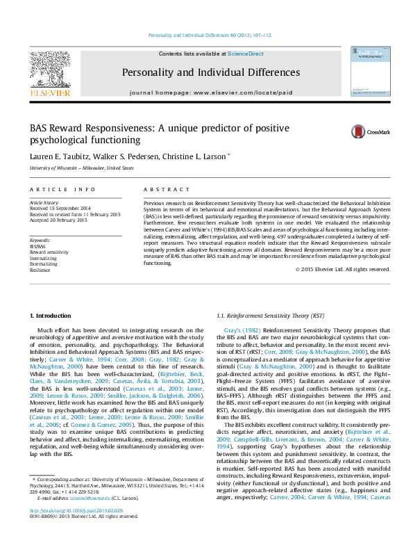 (PDF) BAS Reward Responsiveness: A unique predictor of positive ...