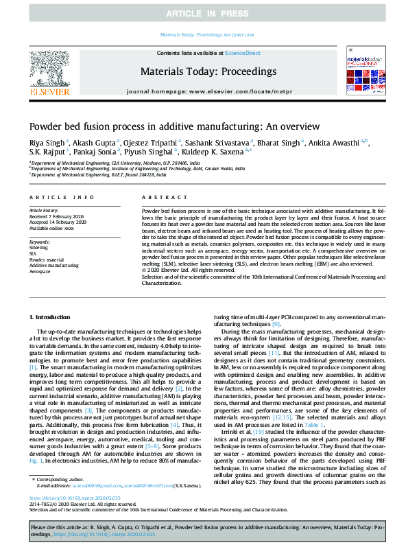 (PDF) Powder bed fusion process in additive manufacturing: An overview