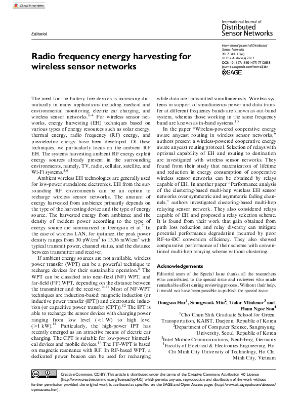 (PDF) Radio frequency energy harvesting for wireless sensor networks