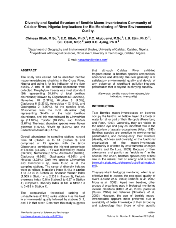 (PDF) Diversity and Spatial Structure of Benthic Macro-Invertebrates ...