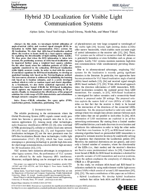 (PDF) Hybrid 3-D Localization for Visible Light Communication Systems