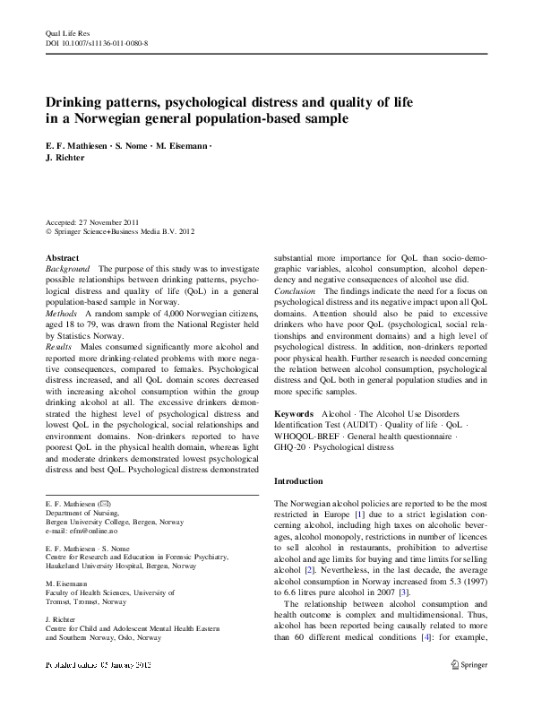 (PDF) Drinking patterns, psychological distress and quality of life in ...