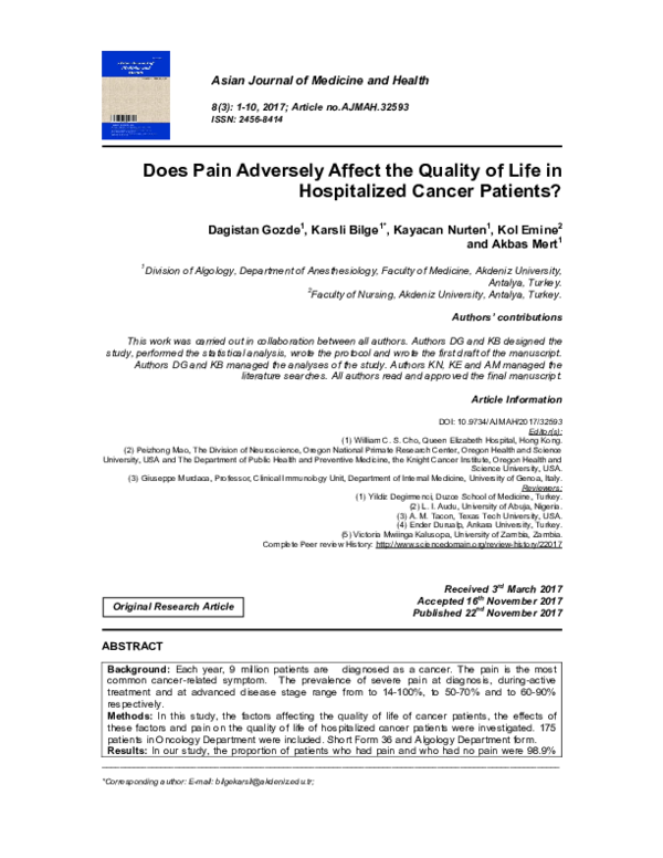 (PDF) Does Pain Adversely Affect the Quality of Life in Hospitalized ...