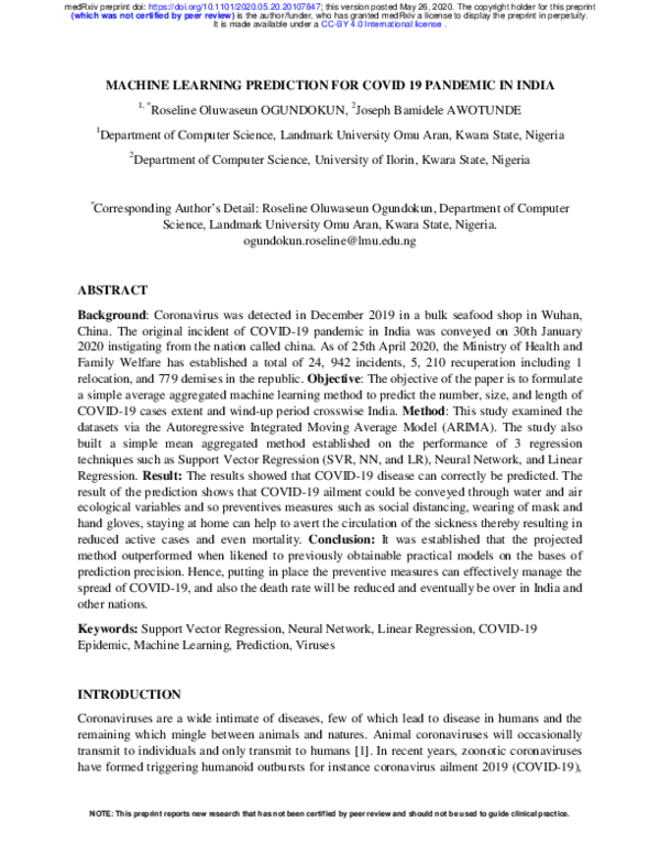 (PDF) Machine Learning Prediction for Covid 19 Pandemic in India