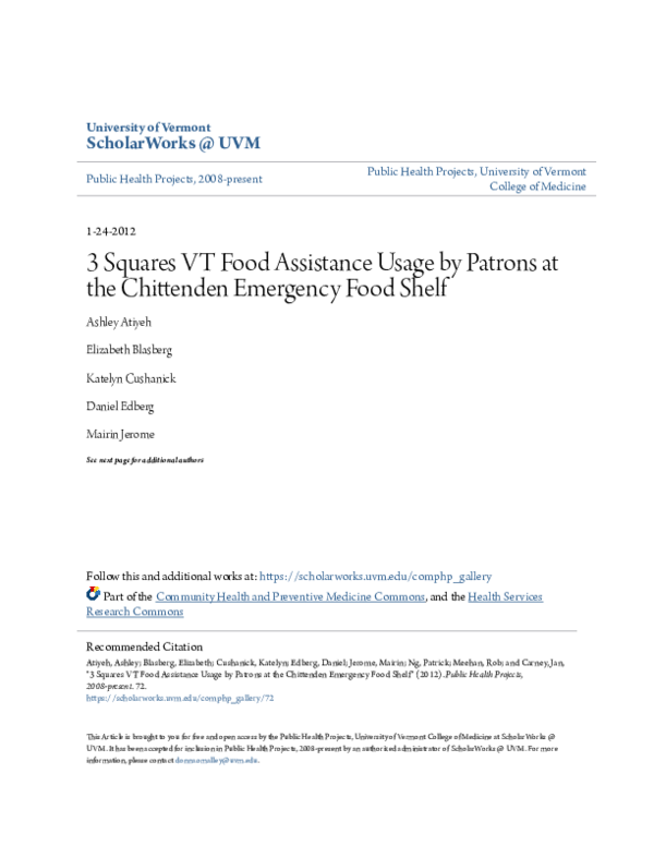 (PDF) 3 Squares VT Food Assistance Usage by Patrons at the Chittenden