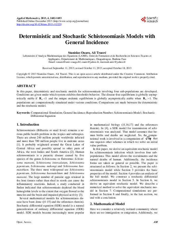 (PDF) Deterministic and Stochastic Schistosomiasis Models with General ...