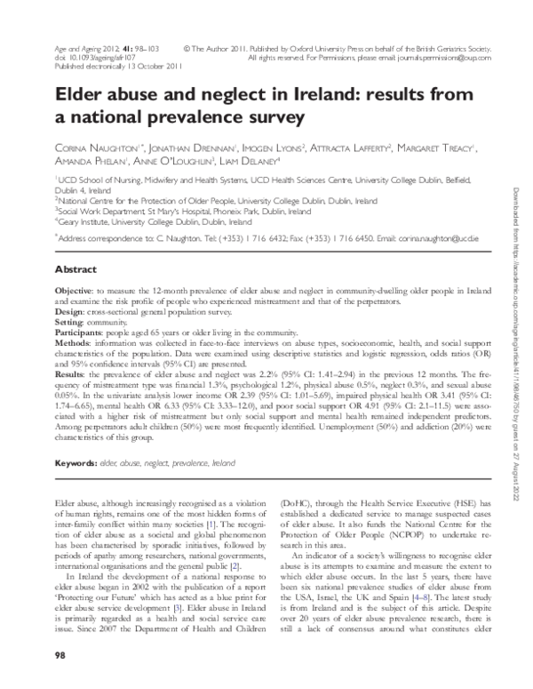 (PDF) Elder abuse and neglect in Ireland: results from a national ...