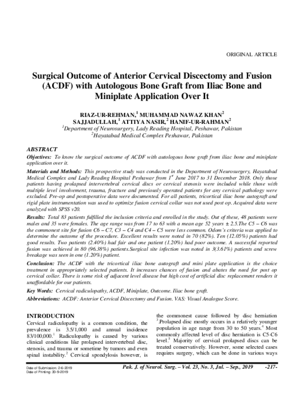 (PDF) Surgical Outcome of Anterior Cervical Discectomy and Fusion (ACDF ...