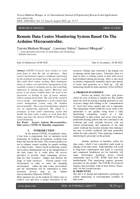 (PDF) Remote Data Centre Monitoring System Based On The Arduino ...