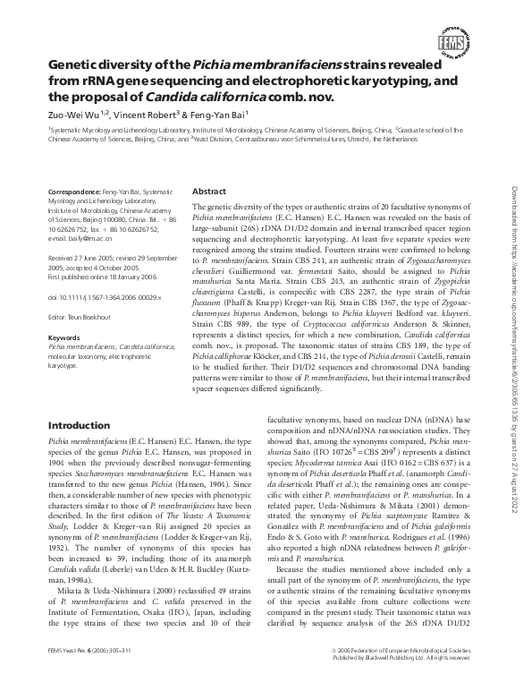 (PDF) Genetic diversity of the Pichia membranifaciens strains revealed ...