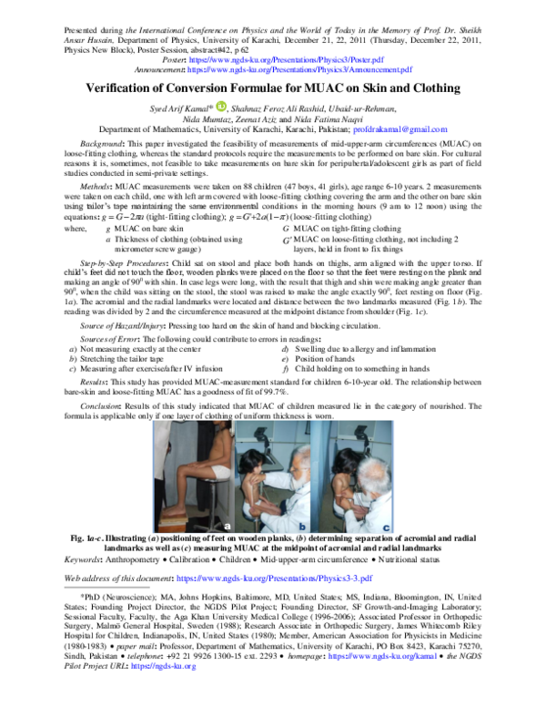 (PDF) Verification of Conversion Formulae for MUAC on Skin and Clothing