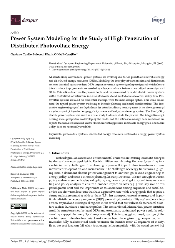 (PDF) Power System Modeling for the Study of High Penetration of ...